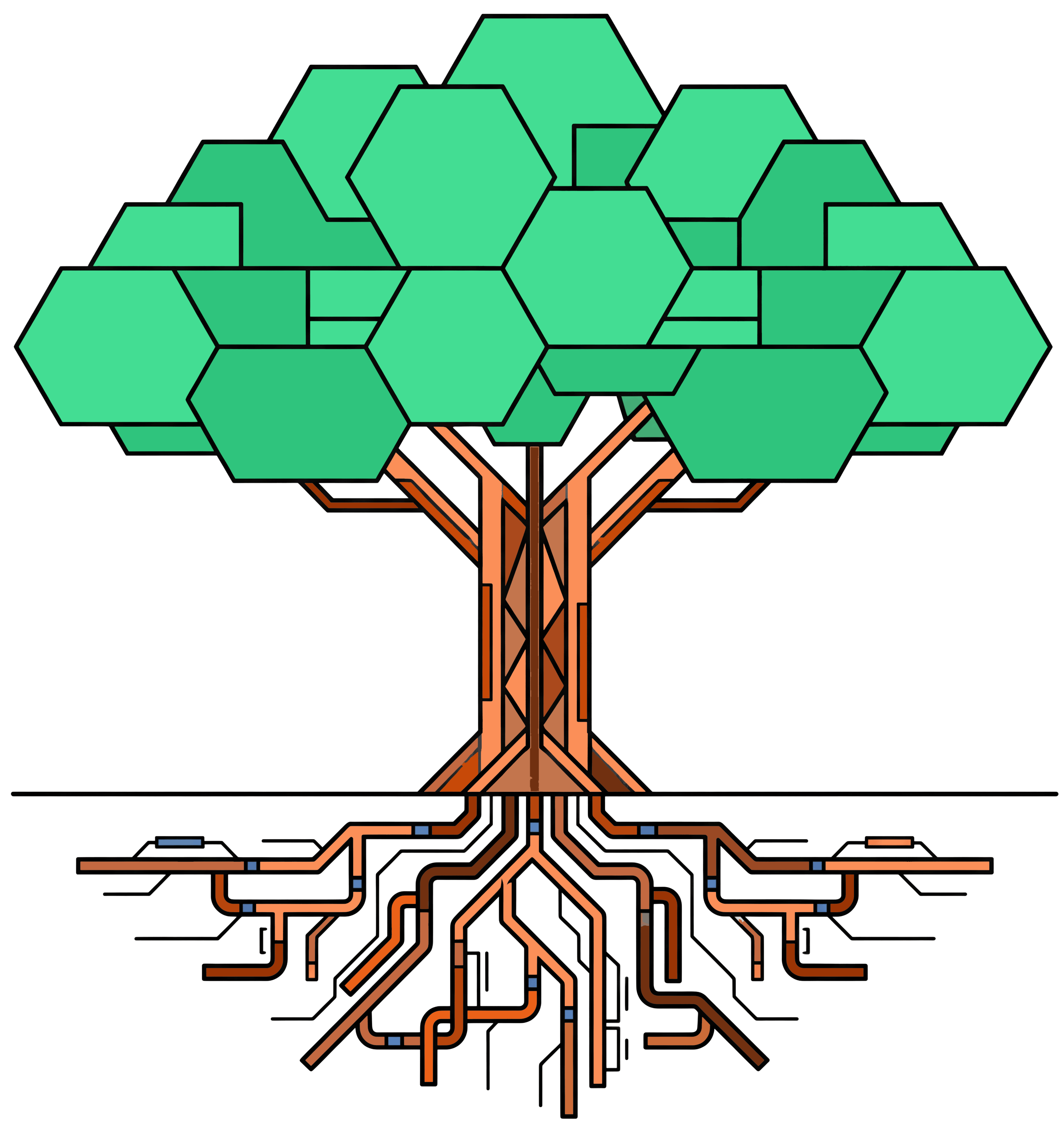Flowstate tree illustration - roots as your tools, trunk as the Flowstate stack, leaves as your customers